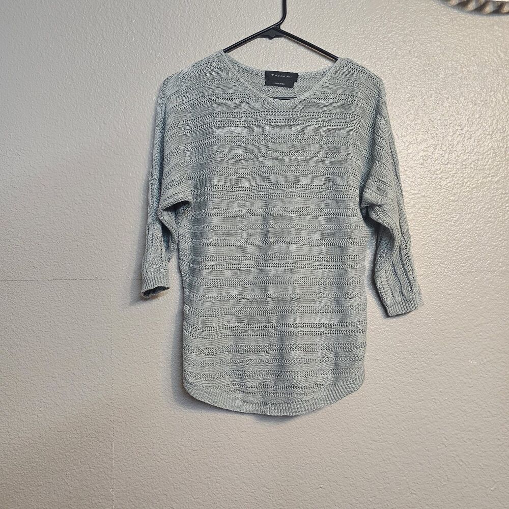 Tahari 100% Linen Knit Sweater Womens Blue Open Knit 3/4 Sleeve Minimalist GG827